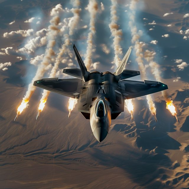 Stealth Jet Mid-Flight with Flares